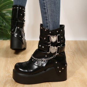 Studded Platform Boots with Side Zipper and Gothic Chain & Heart Detail - Women's