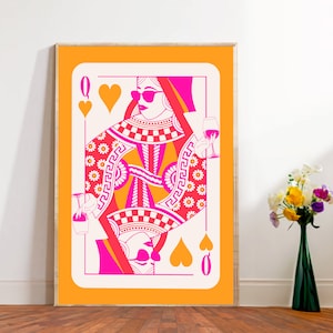Queen of hearts playing card, poster, for living room, bedroom, dining room, hallway, mural, pink, red, orange modern wall art, modern art