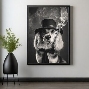 Gracioso mural, perro fumando con sombrero. Cartel humorístico. Decoración de pared para salón, dormitorio, baño o pasillo.