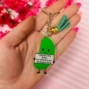 May include: A green pickle-shaped keychain with a silver chain and a green tassel. The keychain has a smiling face and holds a sign that reads, "I may be a tiny pickle, but I believe in you. Go do your thing."