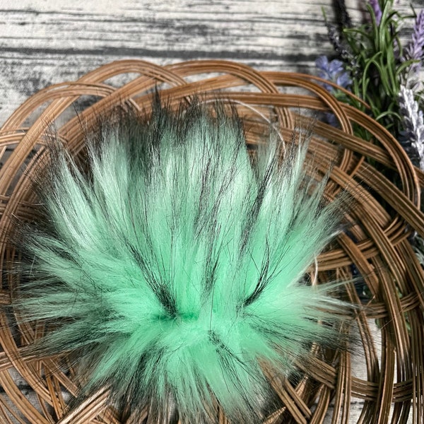 MINT CHIP Minty Green and Black Tipped Faux Fur Pom Pom for Hats or Beanies