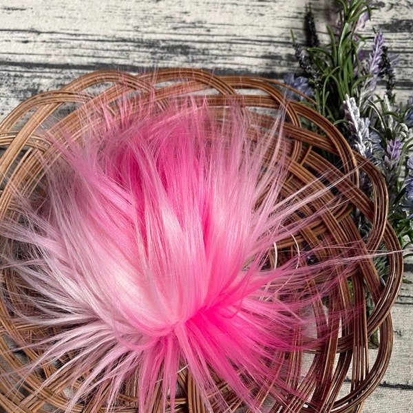 BUBBLE GUM Pink and White Long Pile Faux Fur Pom Pom for Hats or Beanies