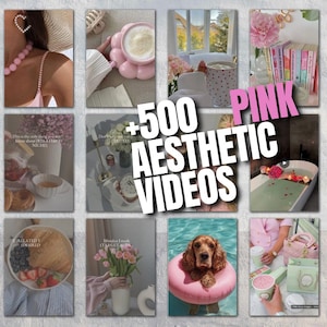 May include: A digital collection of 500 pink aesthetic videos featuring various scenes including a pink drink, a dog in a pink floatie, floral arrangements, books, and interior decor, all presented in a grid layout with the text +500 PINK AESTHETIC VIDEOS.