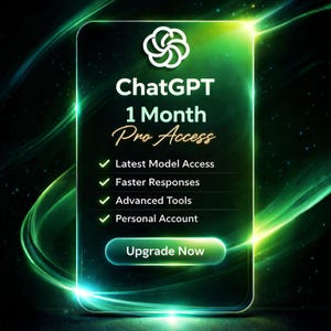 May include: A digital graphic promoting ChatGPT Pro Access. The image features a glowing green rectangle with the ChatGPT logo and text: "1 Month Pro Access." Bullet points highlight features like "Latest Model Access" and "Faster Responses." A button reads "Upgrade Now."