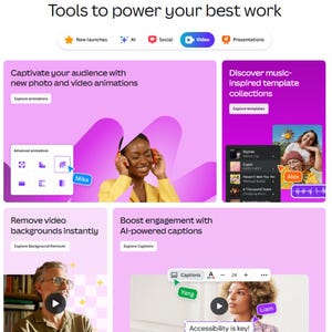 May include: A promotional graphic with the text "Tools to power your best work." The image showcases features like video animations, music-inspired templates, and AI-powered captions. The image includes the names Mika, Alex, Yang, and Liam.