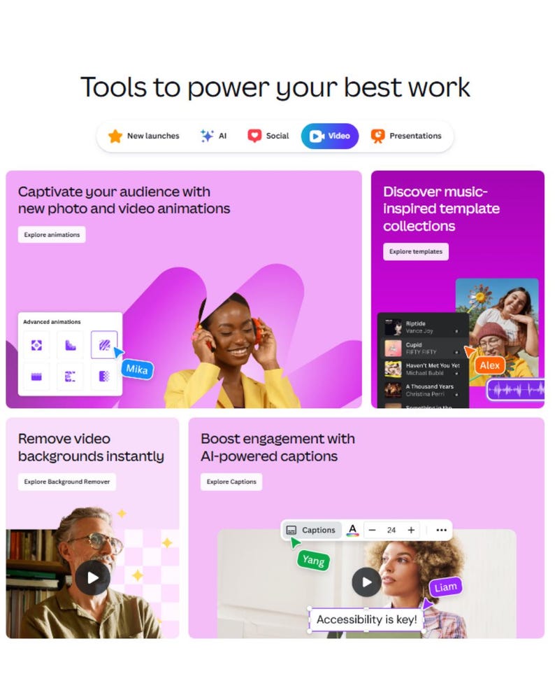 May include: A promotional graphic with the text "Tools to power your best work." The image showcases features like video animations, music-inspired templates, and AI-powered captions. The image includes the names Mika, Alex, Yang, and Liam.