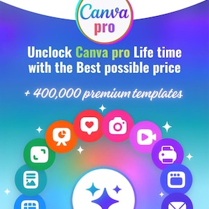 Puede incluir: Gráfico promocional de Canva Pro, con un logotipo circular que muestra "Canva pro". La imagen incluye el texto "Desbloquea Canva pro de por vida con el mejor precio posible + 400.000 plantillas premium."