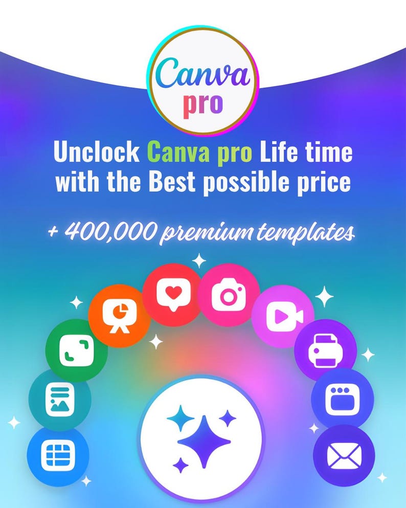 May include: A promotional graphic for Canva Pro, featuring a circular logo with the text "Canva pro." The image includes the text "Unlock Canva pro Life time with the Best possible price + 400,000 premium templates."