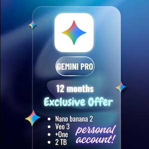 Op de afbeelding: Een digitale afbeelding met een witte vierkant met een kleurrijke diamantvorm. De tekst luidt "GEMINI PRO", "12 maanden" en "Exclusieve aanbieding". Extra opsommingstekens vermelden "Nano banana 2", "Veo 3", "+One" en "2 TB personal account!"