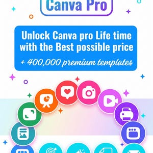 May include: A promotional graphic for Canva Pro, featuring the Canva Pro logo and text that reads "Unlock Canva pro Life time with the Best possible price + 400,000 premium templates." Colorful icons surround the text.