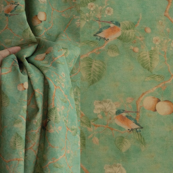 Ancient Chinese Watercolor Bird & Floral Silky Fabric/Copper Green Jade/Natural Drape for Dresses Qipaos/Artistic Summer Breathable fabric