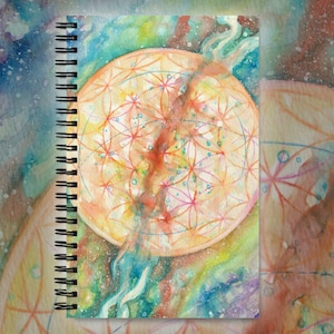 Flower of Life Heilige Geometrie Regenboog Aquarel Gestippelde Spiraal Notitieboek