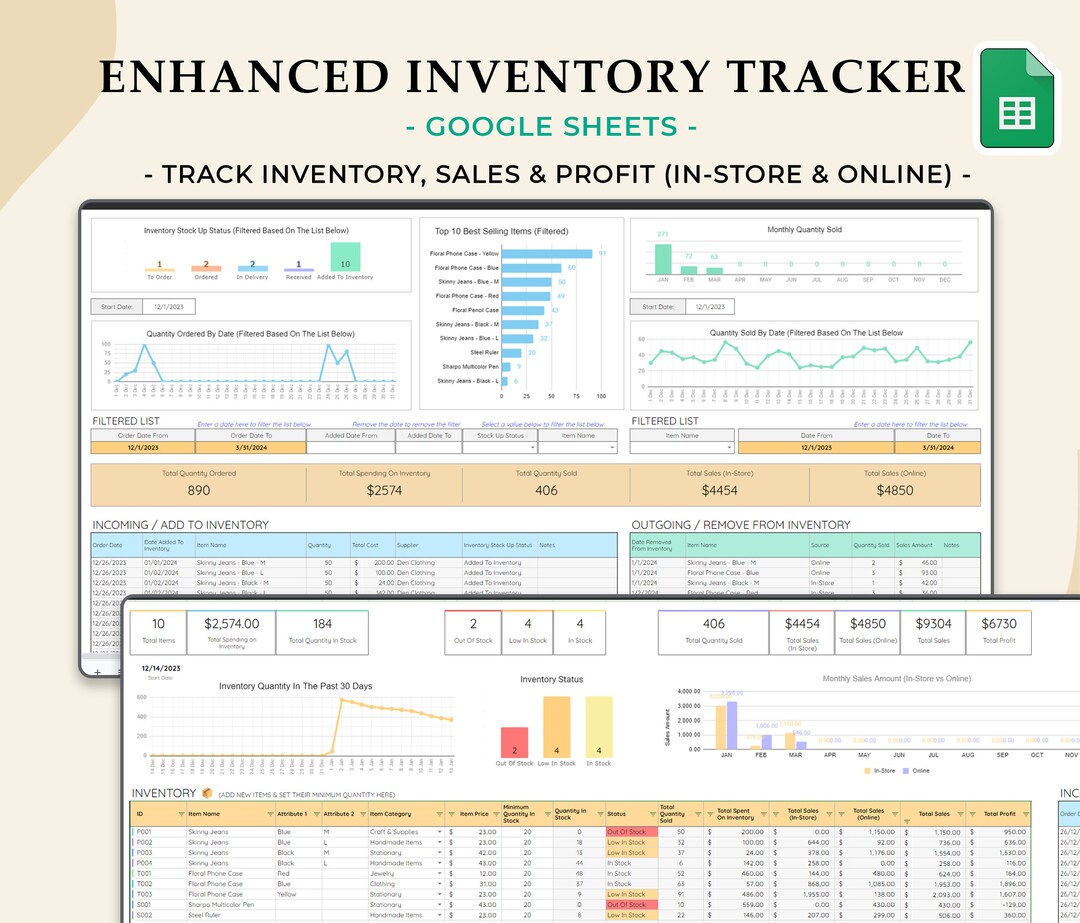 Inventory Tracker Spreadsheet, Google Sheets, Inventory Template Sheet