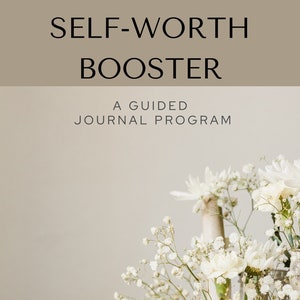 May include: A journal cover with the text "SELF-WORTH BOOSTER" and "A GUIDED JOURNAL PROGRAM." The image features a vase of white flowers and the words "INTERNAL WORK" at the bottom.