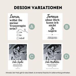 May include: Four different designs for a printable wedding card. The cards feature a black and white photo of two women and text that says "Will you be my bridesmaid?"  The text is in German.