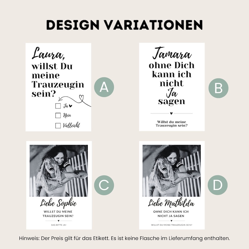 May include: Four different designs for a printable wedding card. The cards feature a black and white photo of two women and text that says "Will you be my bridesmaid?"  The text is in German.