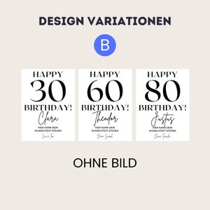May include: Three printable birthday cards with black text on a white background. The cards feature the words "Happy Birthday!" with a number, a name, and the text "Here can your wishes be written".