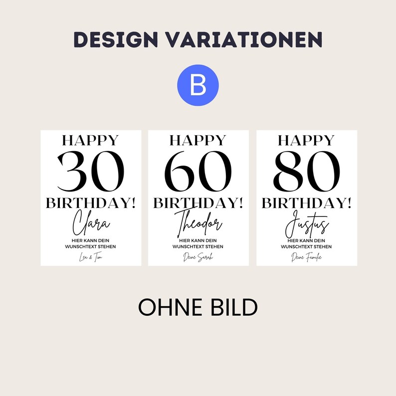 May include: Three printable birthday cards with black text on a white background. The cards feature the words "Happy Birthday!" with a number, a name, and the text "Here can your wishes be written".