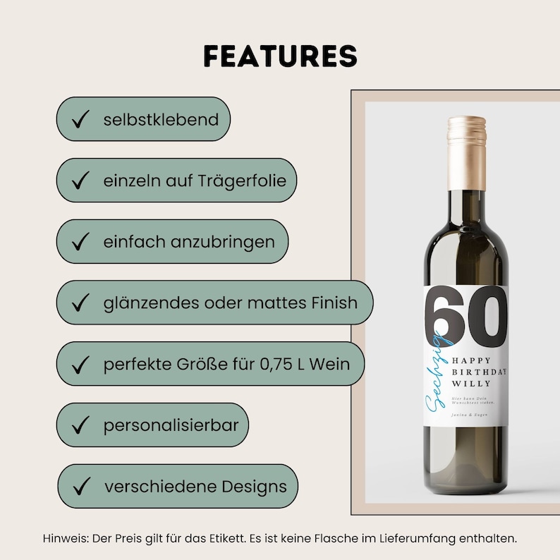 May include: A white wine bottle label with a black and white design. The label features the number 60, the words "Happy Birthday Willy", and the text "Sechzige" in a blue cursive font. The label is designed for a 0.75 liter wine bottle.