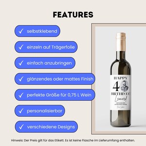 May include: A personalized wine bottle label with a black and white design. The label features the text "Happy 4th Birthday! Leonard" and a photo of a man. The label is designed for a 0.75 liter wine bottle.