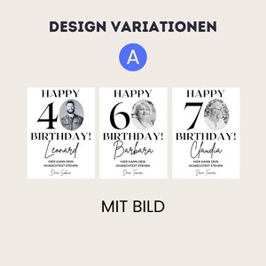 May include: Three printable birthday cards with a photo of the birthday person. The cards feature the words "Happy Birthday!" with the age in large black numbers and the name of the birthday person below. The cards are designed for a 40th, 60th, and 70th birthday.
