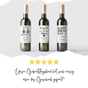May include: Three wine bottles with personalized labels for a birthday celebration. The labels feature black text on a white background with a birthday message, name, and age. The labels also include a small image of a person, a balloon, and a banner.