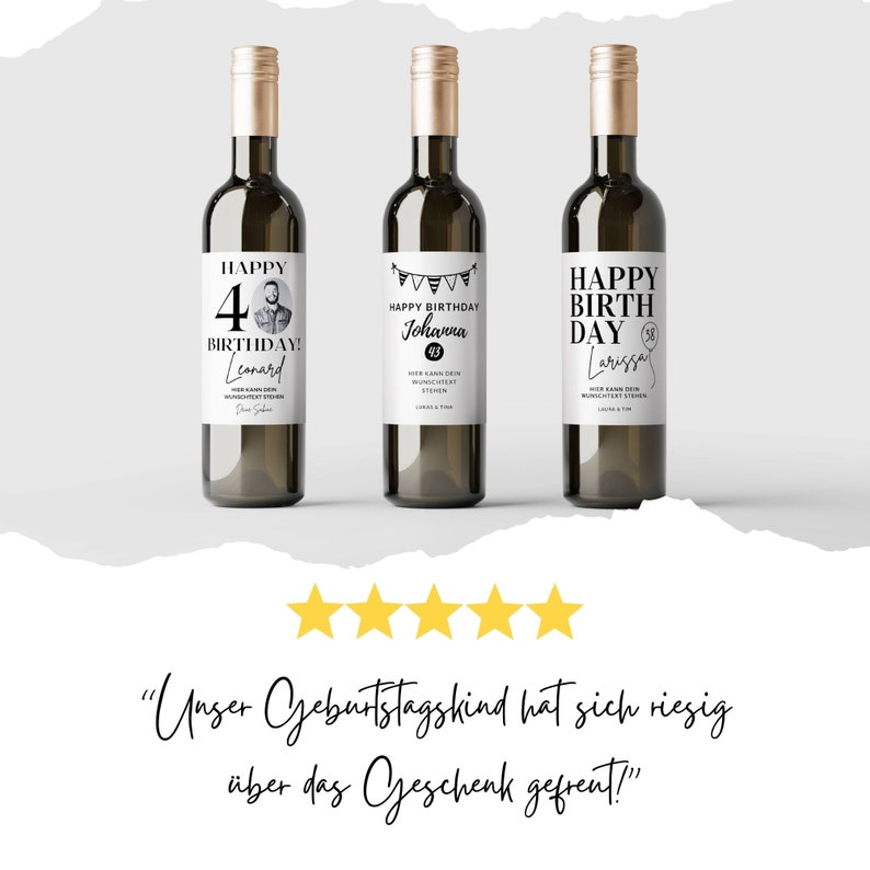 May include: Three wine bottles with personalized labels for a birthday celebration. The labels feature black text on a white background with a birthday message, name, and age. The labels also include a small image of a person, a balloon, and a banner.