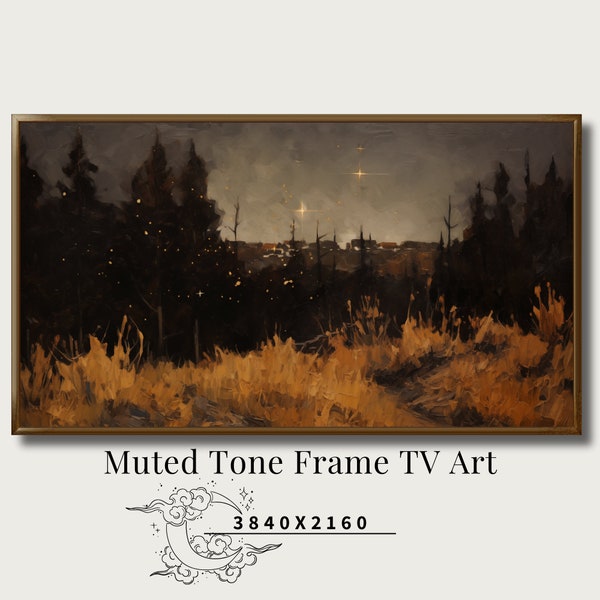 Samsung Frame TV Art, Muted Tone, Oil Painting, Village, Dark Forest, Starry Night, Digital Download