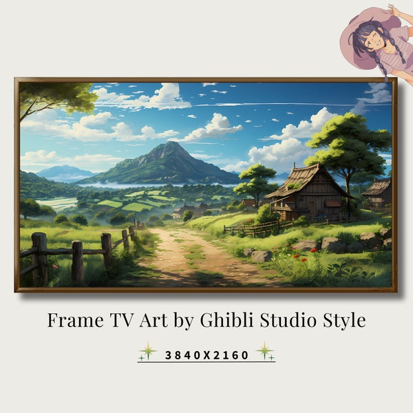 Ghibli Studio Frame TV Art, Digital Download, Nature landscape, Anime Art, Mountains, Ancient Village, Wooden House, Forest, Volcano.