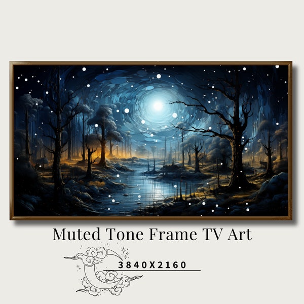 Moody Winter Forest Landscape Frame TV Art, Rustic Vintage Christmas Screensaver, Trees Without Leaves Painting Christmas Decor