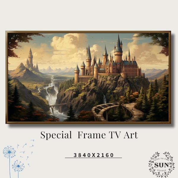 Enchanting Magic Castle Frame TV Art: Captivating Castle atop a Majestic Mountain, Orlando Fairytale Painting Instant Download