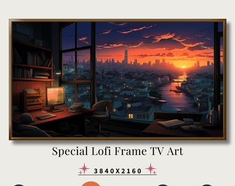 Téléchargement numérique d'une oeuvre d'art pour téléviseur Lofi Samsung Frame représentant une ligne d'horizon au coucher du soleil, représentant un paysage urbain dans votre chambre.