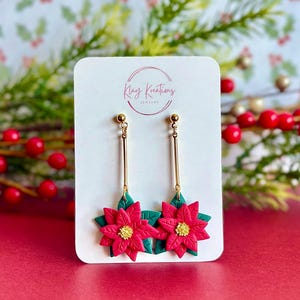 Poinsettia Dangle Earrings, Christmas Holiday Flower Earrings, Festive Winter Jewelry, Clay Holiday Earrings, Cute Gift for Her, Nickel Free