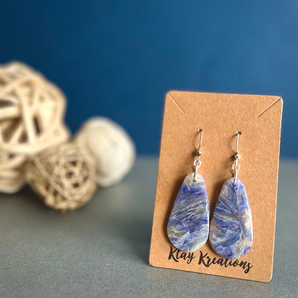 Stormy Sea Earrings, Blue and White Jewelry, Teardrop or Hexagon Shapes Available, Handmade Lightweight Polymer Clay