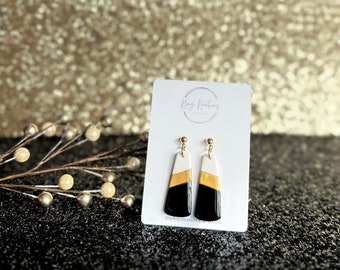 Black and Gold Earrings, Classic Trapezoid Shape, Modern Statement Dangle Jewelry, Polymer Clay