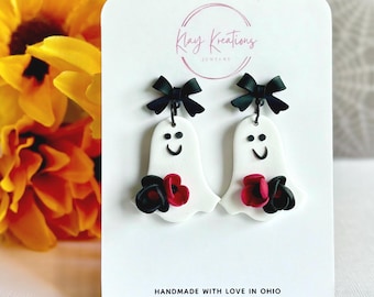 Ghost Earrings, Chic Floral Ghost Dangles, Fall Clay Jewelry, Spooky Cute Halloween Earrings, Trendy Ghost with Bow Dangles, Nickel Free