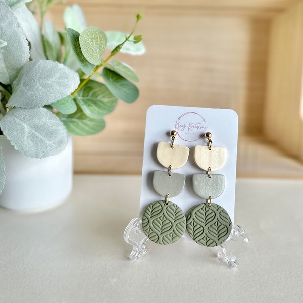 Neutral Ombre Tiered Statement Earrings, Textured Earth Tone Jewelry, Green and Ivory Dangle Earrings, Handmade Lightweight Polymer Clay