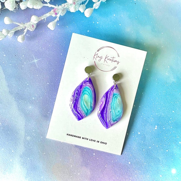 Cosmic Geode Earrings, Blue and Purple Crystal Geode Effect Jewelry, Unique Modern Gift for Her, Lightweight Polymer Clay, Hypoallergenic