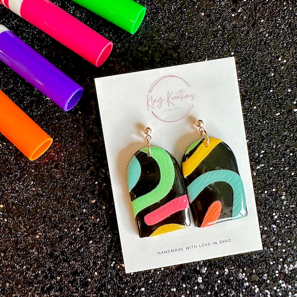 Neon Scratch Art Inspired Earrings, Vibrant Statement Jewelry, Unique and Artistic Accessory, Handmade, Polymer Clay, Hypoallergenic