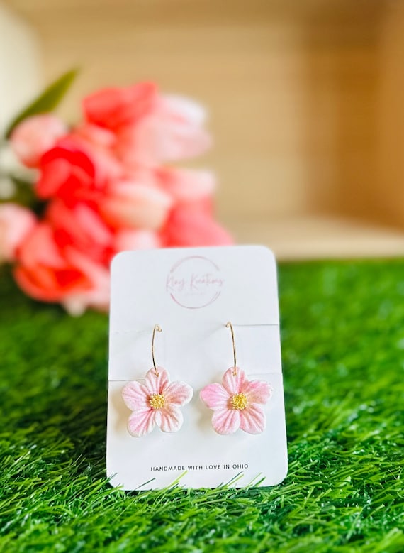 Pink Hibiscus Flower Hoop Earrings: Handmade Polymer Clay Floral