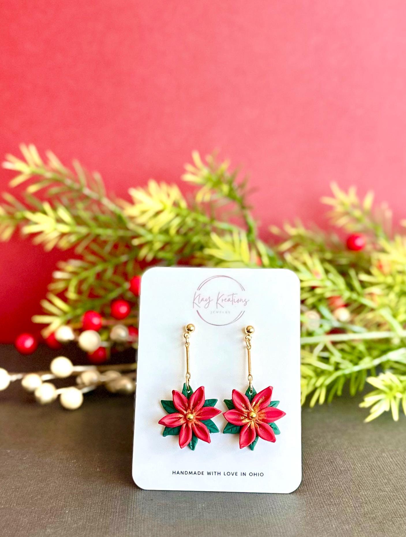 Poinsettia Dangle Earrings, Christmas Holiday Flower Earrings, Festive Winter Jewelry, Clay Holiday Earrings, Cute Gift for Her, Nickel Free