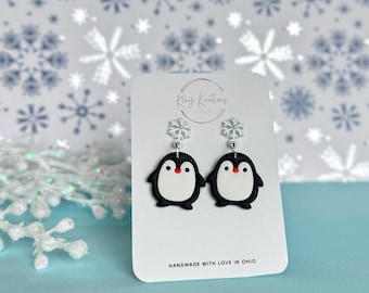 Penguin Earrings, Cute Winter Jewelry, Trendy Fun Christmas Holiday Season Earrings, Unique Gift for Her, Polymer Clay, Stainless Steel Post