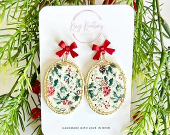Vintage Holly Print Gold Frame Christmas Earrings, Elegant Holiday Jewelry, Festive Clay Christmas Earrings, Nickel Free Stainless Steel