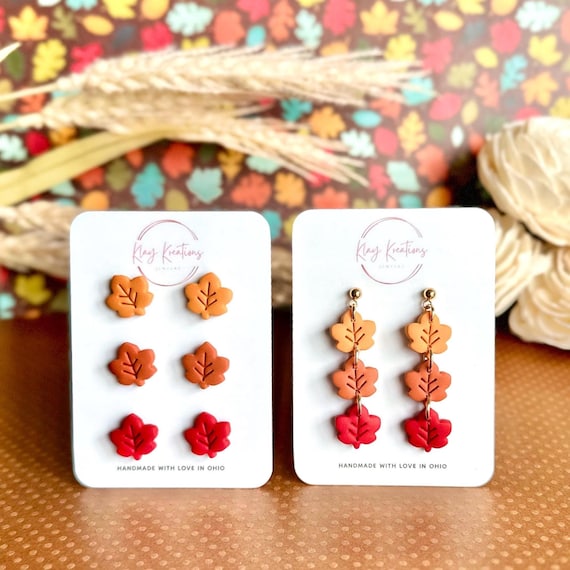 Autumn Maple Leaf Earrings, Cute Fall Color Earrings, Maple Leaf Dangles, Cute Clay Studs for Fall, Polymer Clay, Handmade, Nickel Free