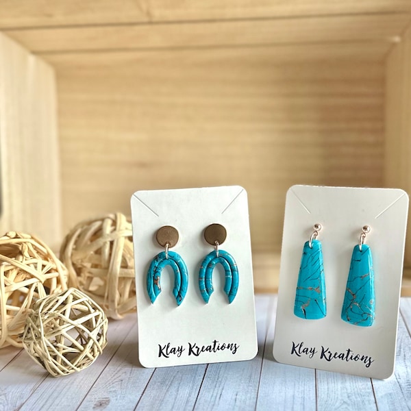 Faux Turquoise Earrings, Southwestern Collection, Horseshoe or Trapezoid Shapes, Western Elegant Jewelry, Handmade Lightweight Polymer Clay