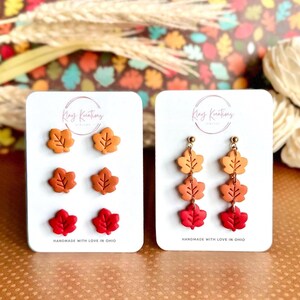 Autumn Maple Leaf Earrings, Cute Fall Color Earrings, Maple Leaf Dangles, Cute Clay Studs for Fall, Polymer Clay, Handmade, Nickel Free