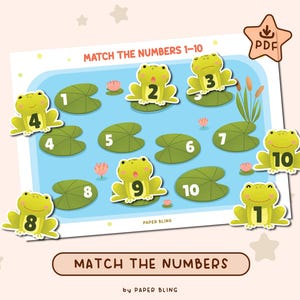 Puede incluir: Una colorida hoja de trabajo educativa titulada "Combina los números 1-10". La hoja de trabajo presenta una escena de estanque con nenúfares y ranas de dibujos animados numeradas del 1 al 10. El texto "Combina los números" se muestra en la parte inferior.