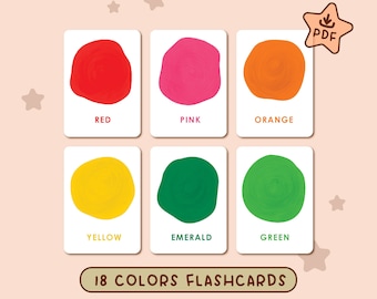 May include: Printable flashcards featuring 18 different colors. Each card has a large circle in a different color with the color name printed below. The text "18 COLORS FLASHCARDS" is printed at the bottom of the image.