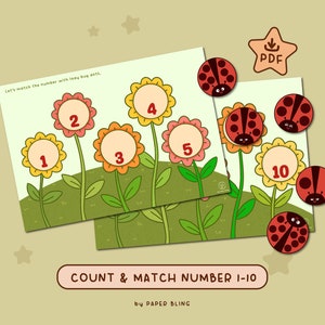 May include: A printable educational activity for kids featuring a count and match game with ladybugs and flowers. The game includes numbers 1 through 10 and a PDF download icon.