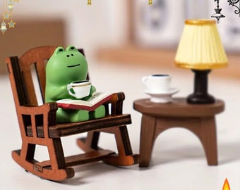 Frog Couple with Wood Rocking Chair Tabletop  Leisure Time Car Gifts Tabletop Decor Healing Decoration, Desk Countertop Computer Desk Beside